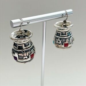 Vintage Southwestern Gemstone Sterling Silver Jar Pot Earrings